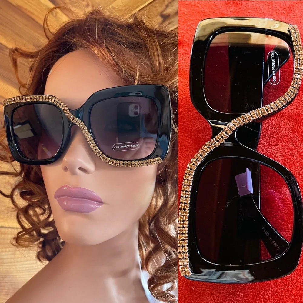 Fabulous New Gold RHINESTONE Embellished Oversized Square SUNGLASSES